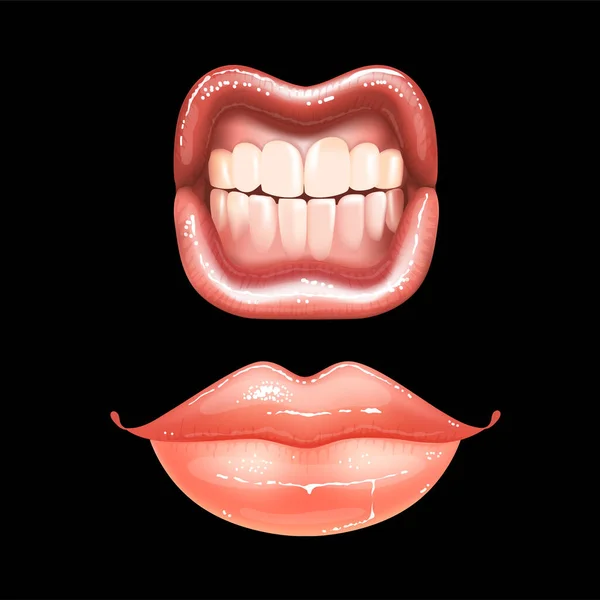 2 zářící krásné ženské nahé rty se zuby pro různé vzory. Barva růžové rtěnky. Černé pozadí. Realistická vektorová ilustrace. — Stockový vektor