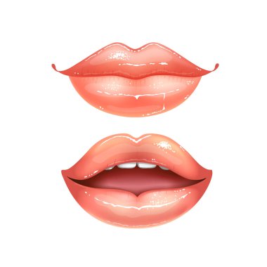 Farklı tasarımlar için dişleri olan iki güzel, çıplak dudaklı kadın. Pembe ruj rengi. Gerçekçi vektör illüstrasyonu.