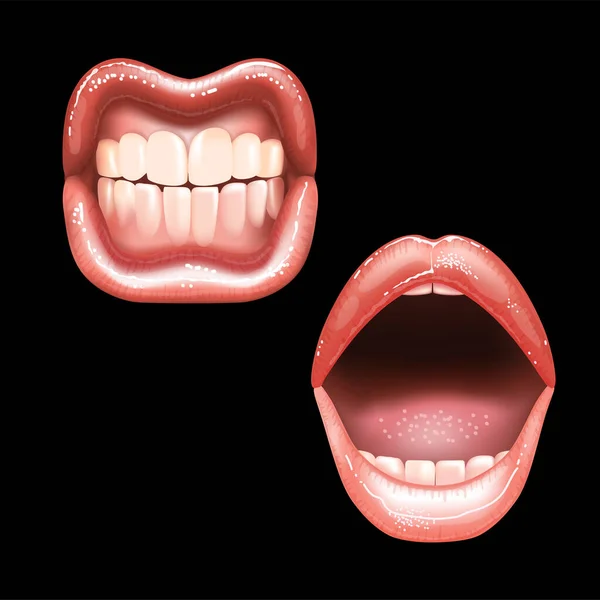 Farklı tasarımlar için dişleri olan iki güzel, çıplak dudaklı kadın. Pembe ruj rengi. Siyah arka plan. Gerçekçi vektör illüstrasyonu. — Stok Vektör