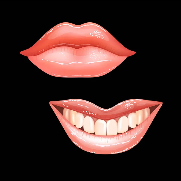 2 brilhando lábios nus femininos bonitos com dentes para diferentes desenhos. Cor de batom rosa. Fundo preto. Ilustração vetorial realista. — Vetor de Stock