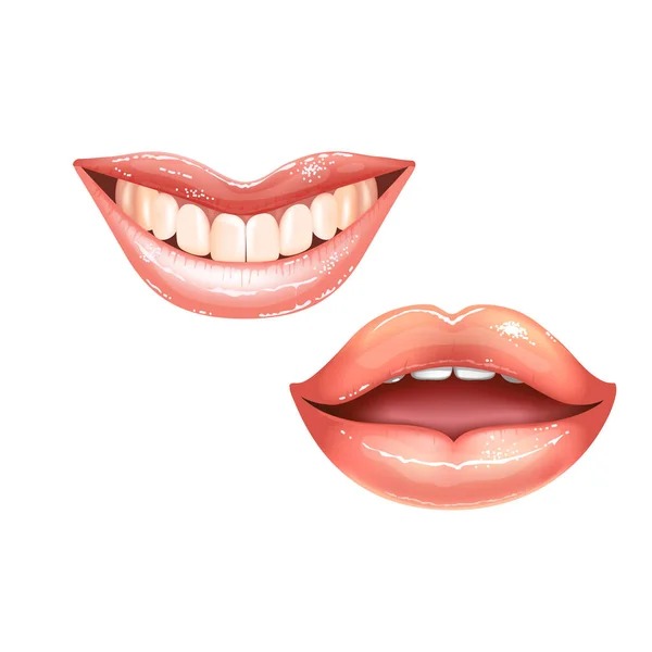 2 shining beautiful female nude lips with teeth for different designs. Pink lipstick color. Realistic vector illustration. — Stock Vector