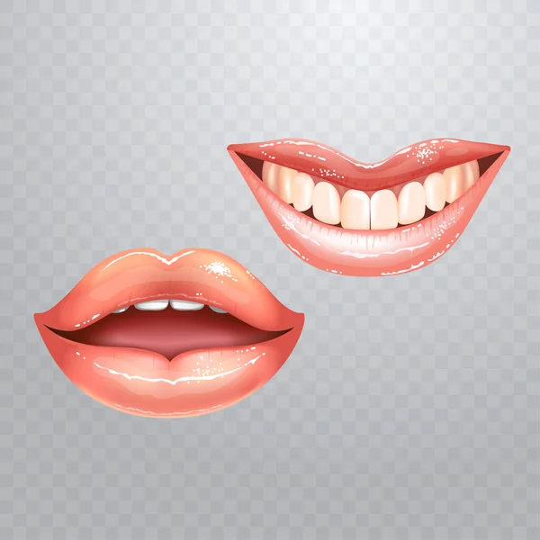 2 shining beautiful female nude lips with teeth for different designs. Pink lipstick color. Checkered transparent background. Realistic vector illustration. — Stock Vector