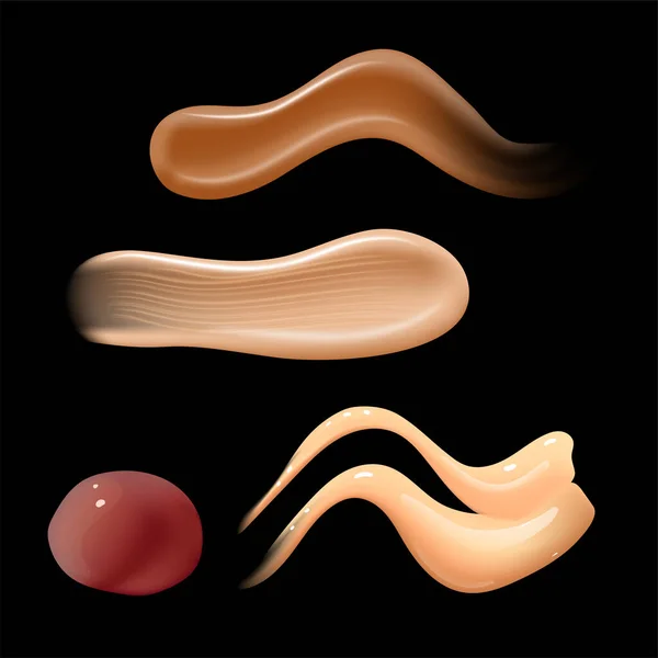 Set of realistic cosmetic cream smears. Skin toner of different body colors. Lotion smooth smear isolated vector texture on black background. — Stock Vector