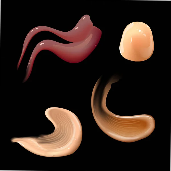 Conjunto de manchas de crema cosmética realistas. Tónico de piel de diferentes colores de cuerpo. Loción suave frotis aislado vector textura sobre fondo negro. — Archivo Imágenes Vectoriales