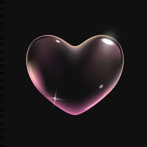 Bolha de sabão vetorial rosa transparente realista em forma de coração. Coração ensaboado brilhante romântico. Símbolo do dia dos namorados. Fundo preto. — Vetor de Stock