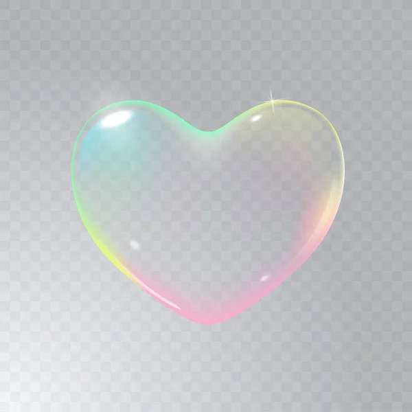 Bolla di sapone vettore arcobaleno multicolore trasparente realistica a forma di cuore. Romantico cuore sapone lucido. Simbolo di San Valentino. Sfondo trasparente. — Vettoriale Stock