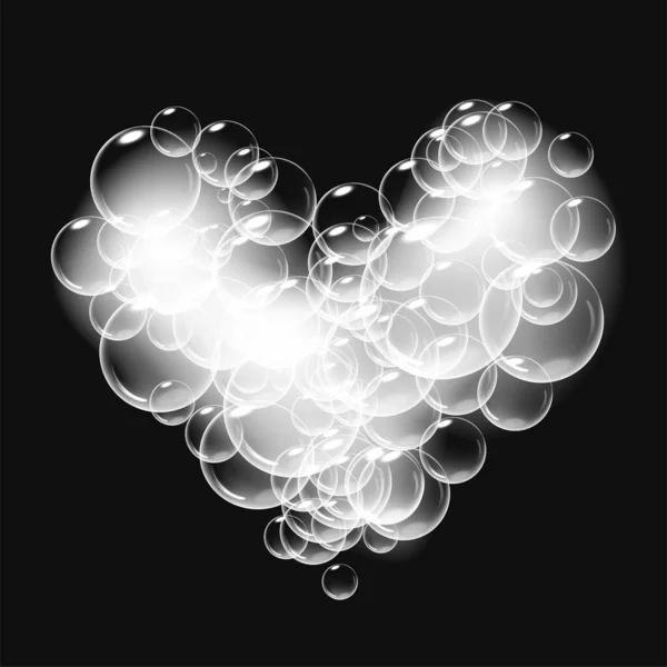 Kalp şeklinde baloncukları olan gerçekçi sabun köpüğü. Sevgililer Günü sembolü. Romantik, parlak, sabunlu kalp. Siyah arkaplan. — Stok Vektör