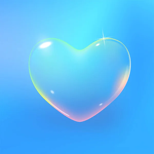 Bulle réaliste de savon vecteur arc-en-ciel multicolore transparent en forme de coeur. Romantique coeur savonneux brillant. Symbole de la Saint Valentin. Fond bleu. — Image vectorielle