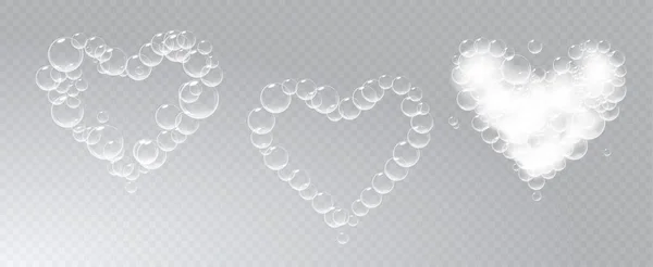 一套心形肥皂泡片.病媒现实的肥皂泡。情人节的象征。透明的背景. — 图库矢量图片