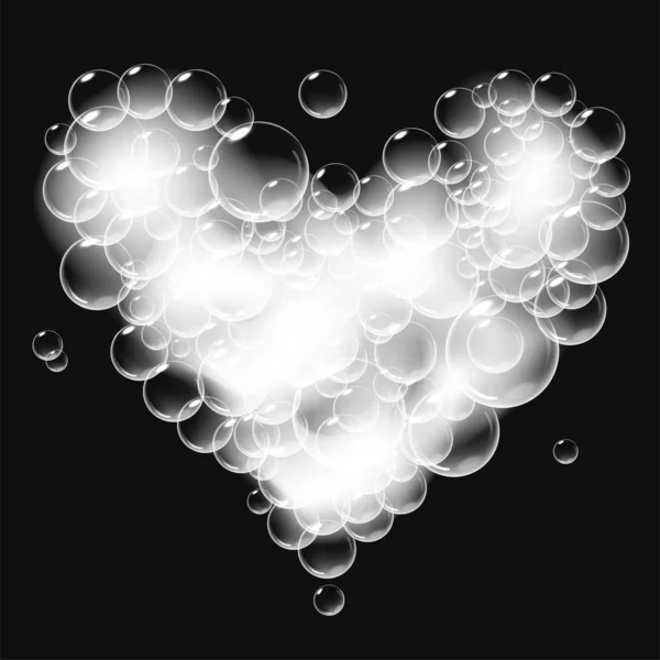 Realistiskt tvålskum med bubblor formade som hjärtat. Alla hjärtans dag symbol. Romantiskt glansigt tvålhjärta. Svart bakgrund. — Stock vektor