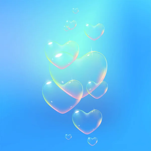 Fundo azul bonito com bolhas de sabão em forma de coração colorido arco-íris. Ilustração vetorial — Vetor de Stock