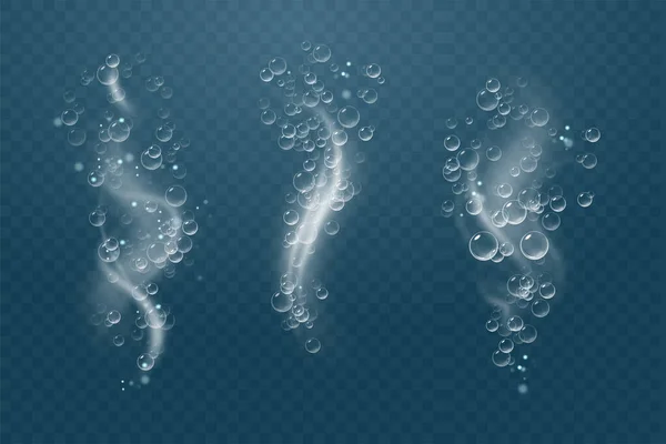 Serie di bolle sotto l'acqua isolato illustrazione vettoriale su sfondo trasparente. Aria di fizz bolla. — Vettoriale Stock