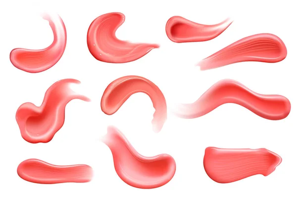 Conjunto de manchas de crema de barra de labios rosa cosmética realista. Loción suave frotis aislado vector textura sobre fondo blanco. — Archivo Imágenes Vectoriales