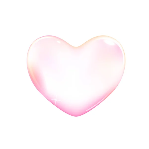 Realistic transparent pink vector soap bubble shaped as heart. Romantic glossy soapy heart. Valentine day symbol. White background. — Stock Vector