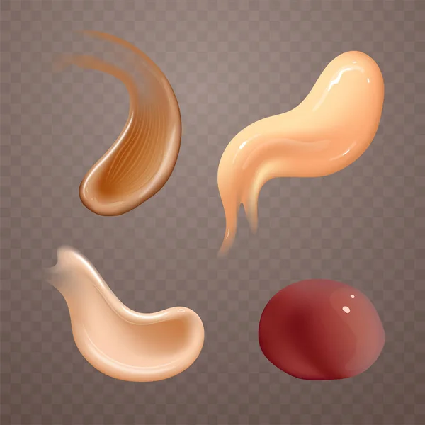 Ensemble de frottis réalistes à la crème cosmétique. Produit de soins de la peau de différentes couleurs de corps. Lotion lisse frottis isolée texture vectorielle sur fond transparent. — Image vectorielle