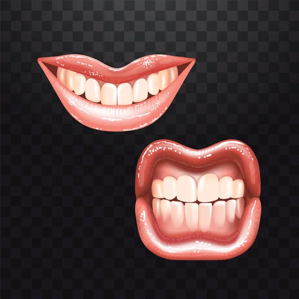 2 hermosos labios desnudos femeninos brillantes con dientes para diferentes diseños. Color rosa lápiz labial. Fondo transparente a cuadros. Ilustración vectorial realista. — Archivo Imágenes Vectoriales