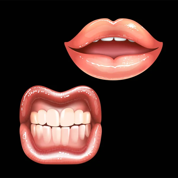 2 belles lèvres nues féminines brillantes avec des dents pour différents modèles. Couleur rouge à lèvres rose. Fond noir. Illustration vectorielle réaliste. — Image vectorielle