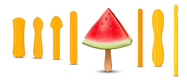 Set of realistic popsicle sticks. Watermelon piece on popsicle stick. Vector illustration, summer season. — Stock Vector