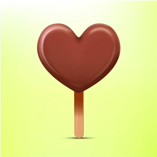 Realistické čokoládové zmrzlinové srdce s nanukovou tyčinkou. Vektorová ilustrace. — Stockový vektor
