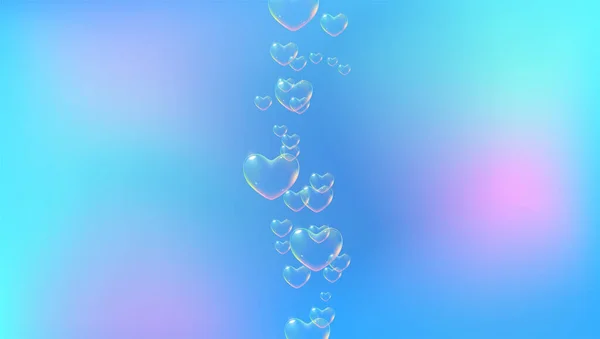 Leuchtend blauer Hintergrund mit regenbogenfarbenen herzförmigen Seifenblasen für Valentinskarte. Vektor — Stockvektor