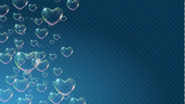 Fondo transparente oscuro con burbujas de jabón en forma de corazón de color arco iris para tarjeta de San Valentín. Vector — Archivo Imágenes Vectoriales