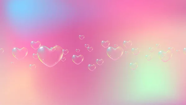 Lindo fondo rosa con burbujas de jabón en forma de corazón de color arco iris para la tarjeta de San Valentín. Vector — Vector de stock