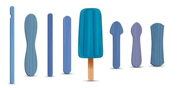Conjunto de picolés realistas. Gelado azul 3D. Ilustração vetorial, estação de verão. — Vetor de Stock