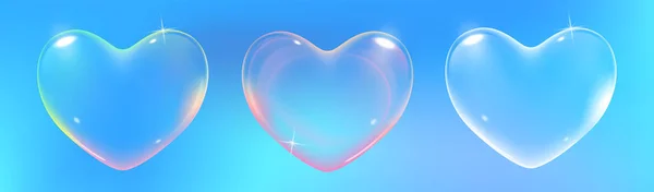 Conjunto de realistas burbujas de jabón transparente de color rosa, arco iris y blanco en forma de corazón. Romántico corazón jabonoso brillante. Símbolo de San Valentín. Fondo azul. — Archivo Imágenes Vectoriales