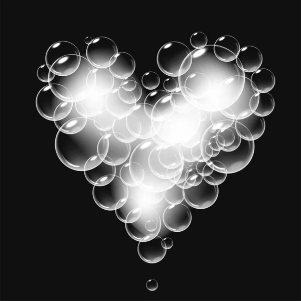Mousse de savon réaliste avec des bulles en forme de cœur. Symbole de la Saint Valentin. Romantique coeur savonneux brillant. Fond noir. — Image vectorielle
