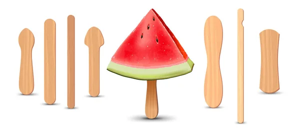 Seperangkat tongkat es realistik. Potongan semangka pada tongkat es loli. Vektor ilustrasi, musim panas. - Stok Vektor