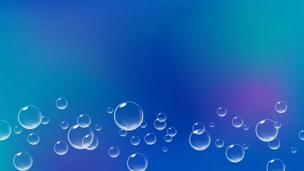 Fondo azul brillante con burbujas chisporroteantes. Aire fresco bajo el agua. Ilustración realista vectorial. — Vector de stock