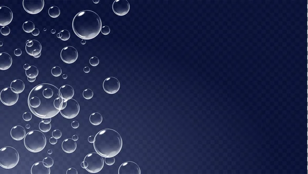 Bolle galleggianti isolate su sfondo trasparente scuro. Aria frizzante sott'acqua. Illustrazione realistica vettoriale. — Vettoriale Stock