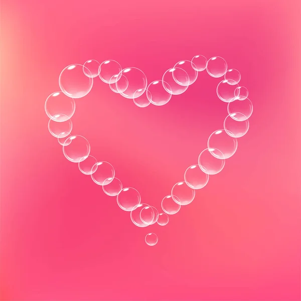 Espuma de sabão realista com bolhas em forma de coração. Símbolo do dia dos namorados. Coração ensaboado brilhante romântico. Fundo rosa. —  Vetores de Stock