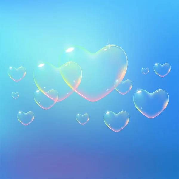 Mooie blauwe achtergrond met regenboog gekleurde hartvormige zeepbellen. Vectorillustratie — Stockvector
