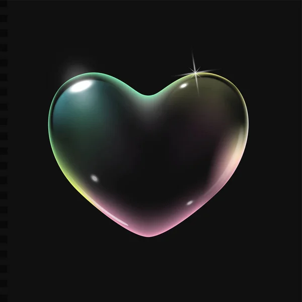Реалистичный прозрачный разноцветный радужный векторный мыльный пузырь в форме сердца. Романтическое глянцевое мыльное сердце. Символ Дня Святого Валентина. Чёрный фон. — стоковый вектор