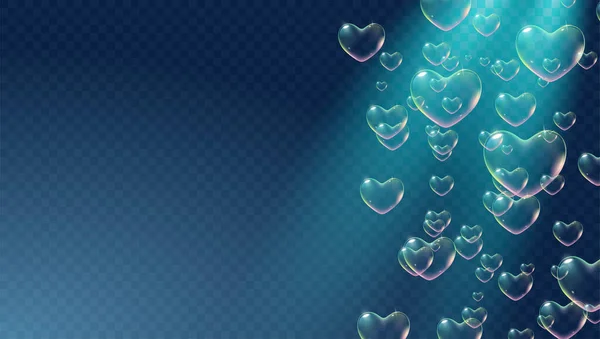 Темний прозорий фон з веселковими кольоровими мильними бульбашками у формі серця для листівки Валентина. Векторні — стоковий вектор
