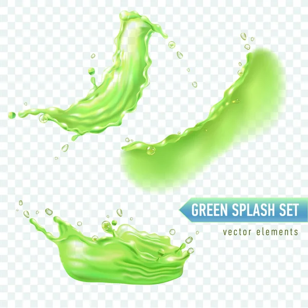 Conjunto de salpicaduras verdes realistas para el diseño de paquete de uva o té verde y anuncios. Fondo transparente. Vector — Vector de stock