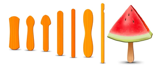 Conjunto de palitos de paleta realistas. Pieza de sandía en palo de paleta. Ilustración vectorial, temporada de verano. — Archivo Imágenes Vectoriales