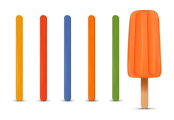 Σετ ρεαλιστικά ξυλάκια ξυλάκι. Παγωτό πορτοκάλι 3D. Εικονογράφηση διάνυσμα, καλοκαιρινή εποχή. — Διανυσματικό Αρχείο