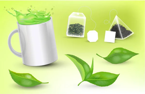 Reális csésze zöld tea és teafilterek és levelek. Tervezési elem tea hirdetések és csomag. Vektor — Stock Vector