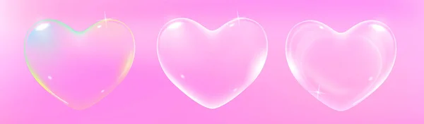 Uppsättning realistiska genomskinliga rosa, regnbåge och vit vektor såpa bubblor formade som hjärtat. Romantiskt glansigt tvålhjärta. Alla hjärtans dag symbol. Rosa bakgrund. — Stock vektor