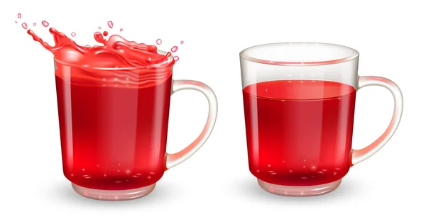 Set van thee transparante kopjes met rode hibiscus thee. Vectorrealistische ontwerpelementen. — Stockvector