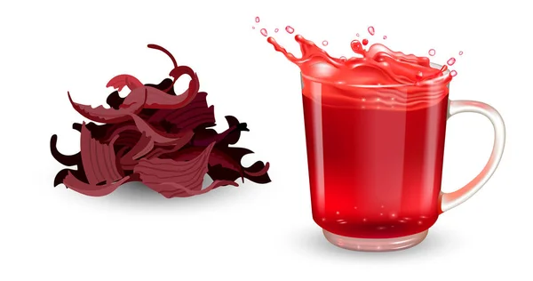 Set droge hibiscus thee en kopje met rode thee en splash. Vectorrealistische ontwerpelementen. — Stockvector