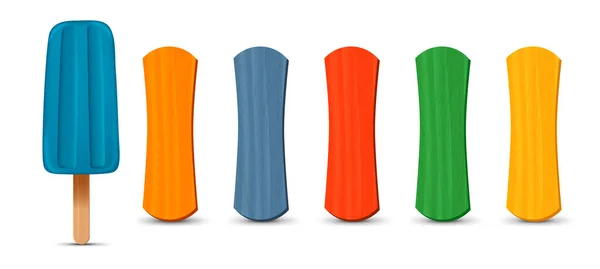 Set di bastoncini di ghiacciolo realistici. Gelato blu 3D. Illustrazione vettoriale, stagione estiva. — Vettoriale Stock