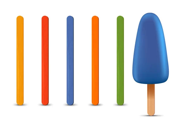 Set of realistic popsicle sticks. Blue ice cream 3D. Vector illustration, summer season. Royalty Free Stock Illustrations