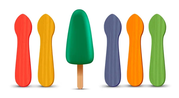 Набор реалистичных палочек эскимо. Зеленое мороженое 3D. Векторная иллюстрация, летний сезон. — стоковый вектор