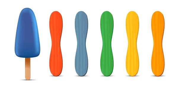 Set di bastoncini di ghiacciolo realistici. Gelato blu 3D. Illustrazione vettoriale, stagione estiva. — Vettoriale Stock