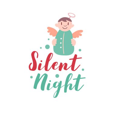 Noel logosu ya da amblemi. Tatlı çizgi film Noel meleği. Sessiz gece.