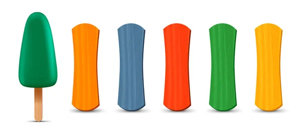 Set di bastoncini di ghiacciolo realistici. Gelato verde 3D. Illustrazione vettoriale, stagione estiva. — Vettoriale Stock