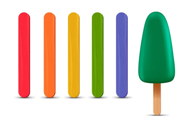 Набор реалистичных палочек эскимо. Зеленое мороженое 3D. Векторная иллюстрация, летний сезон. — стоковый вектор